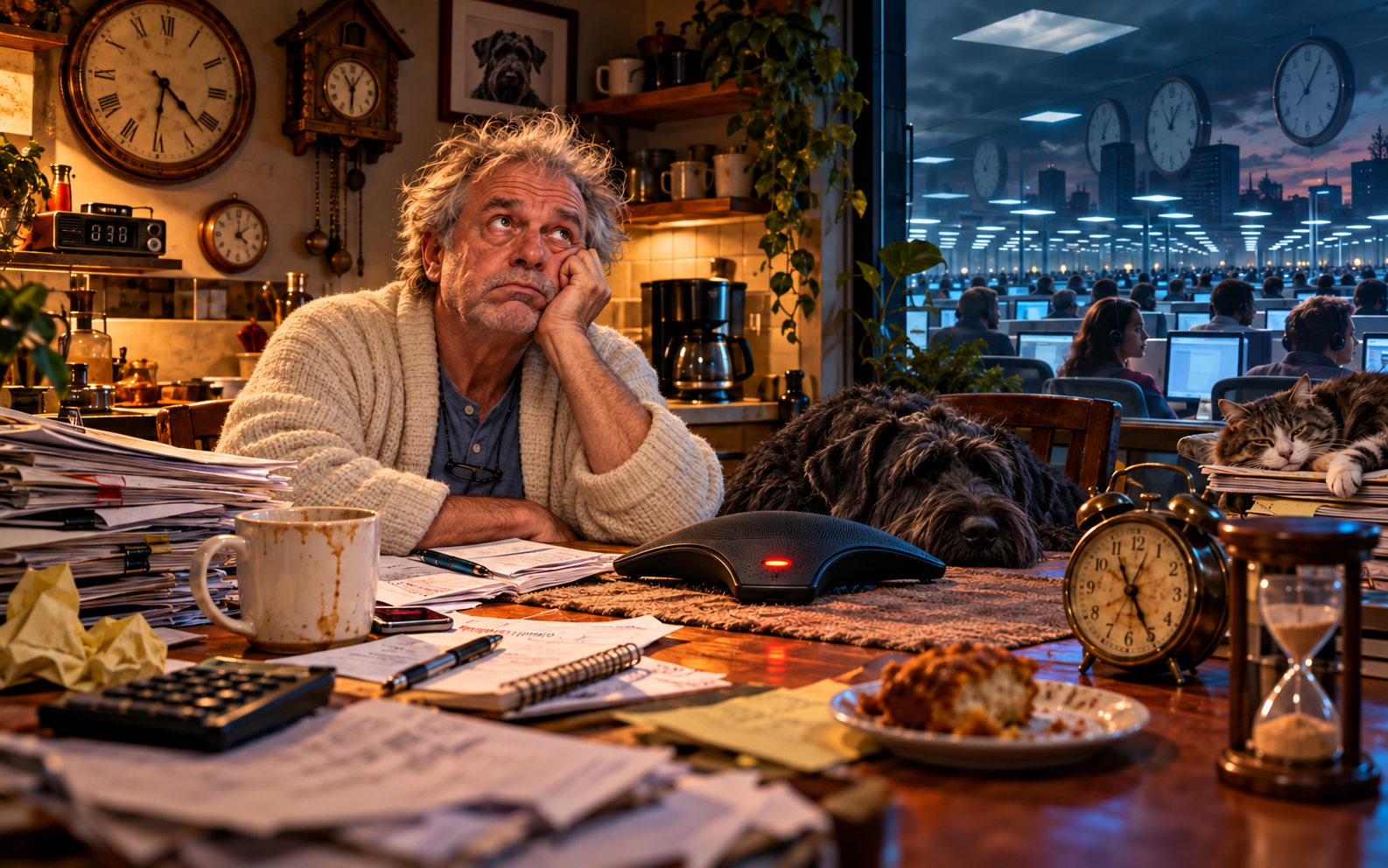 Your Call Is Very Important to Us: a customer waiting on hold amid clocks and paperwork